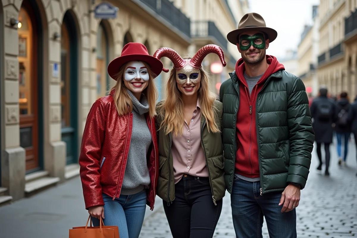 Groupe d'adultes en déguisements de carnaval abordables devant un immeuble haussmannien à Paris