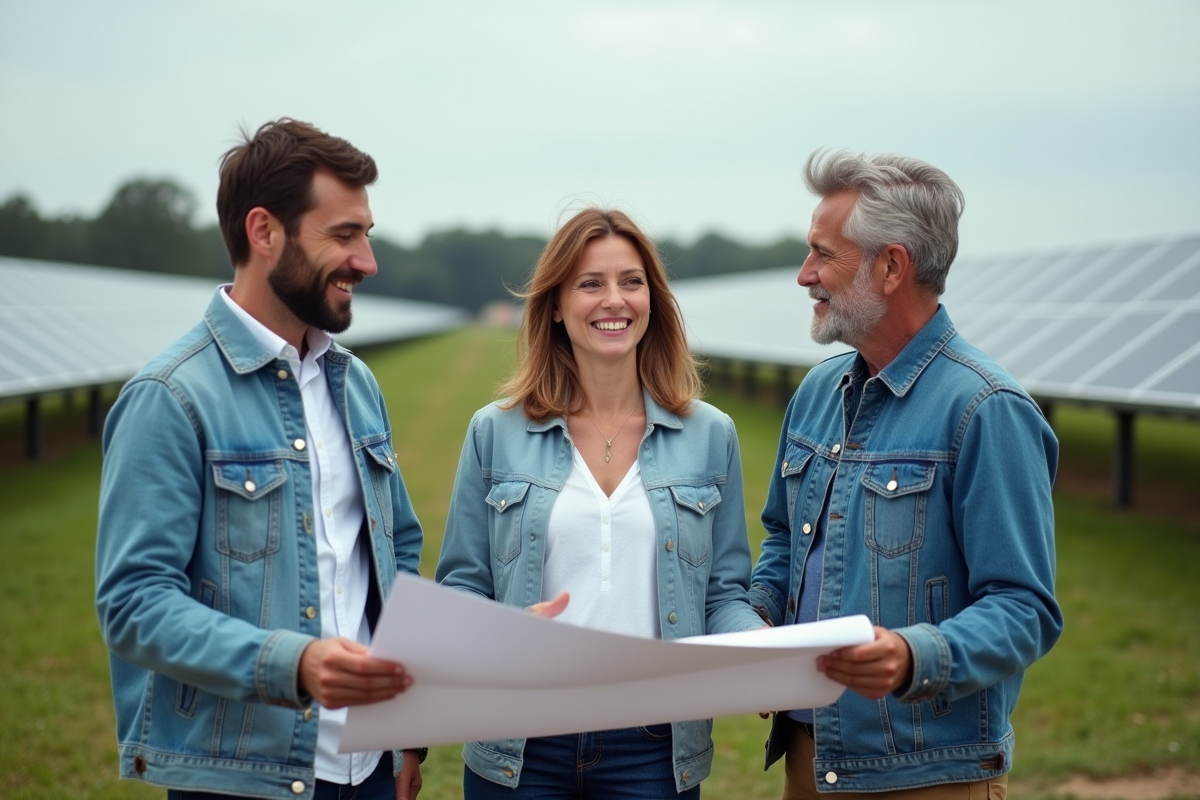Groupe de personnes devant un parc solaire en discussion