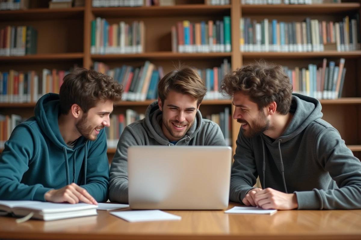 Trois étudiants discutant autour d’un ordinateur portable en bibliothèque