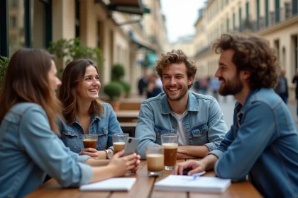 Jeunes adultes riant au café à Bordeaux