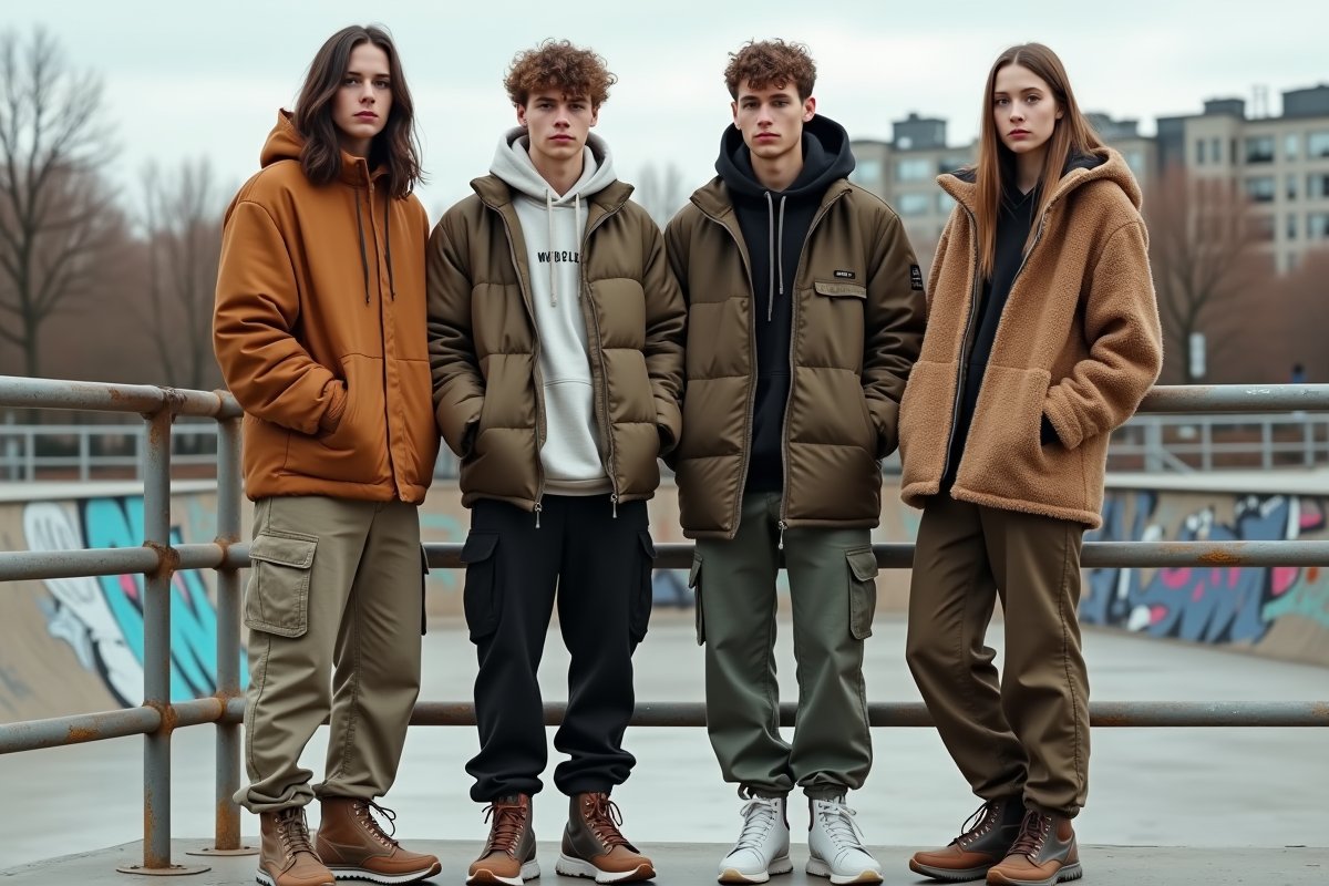 Groupe de jeunes en streetwear dans un skatepark urbain