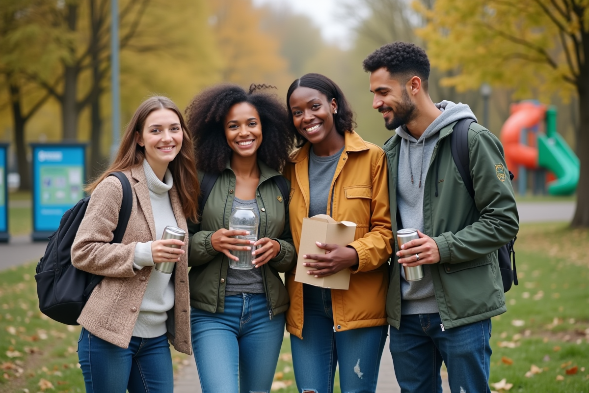 Groupe de quatre adultes recyclant en plein air dans un parc