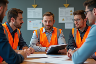 Groupe de travailleurs en réunion sécurité OHSAS 18001