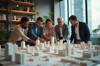 Groupe de professionnels examinant un modèle de ville