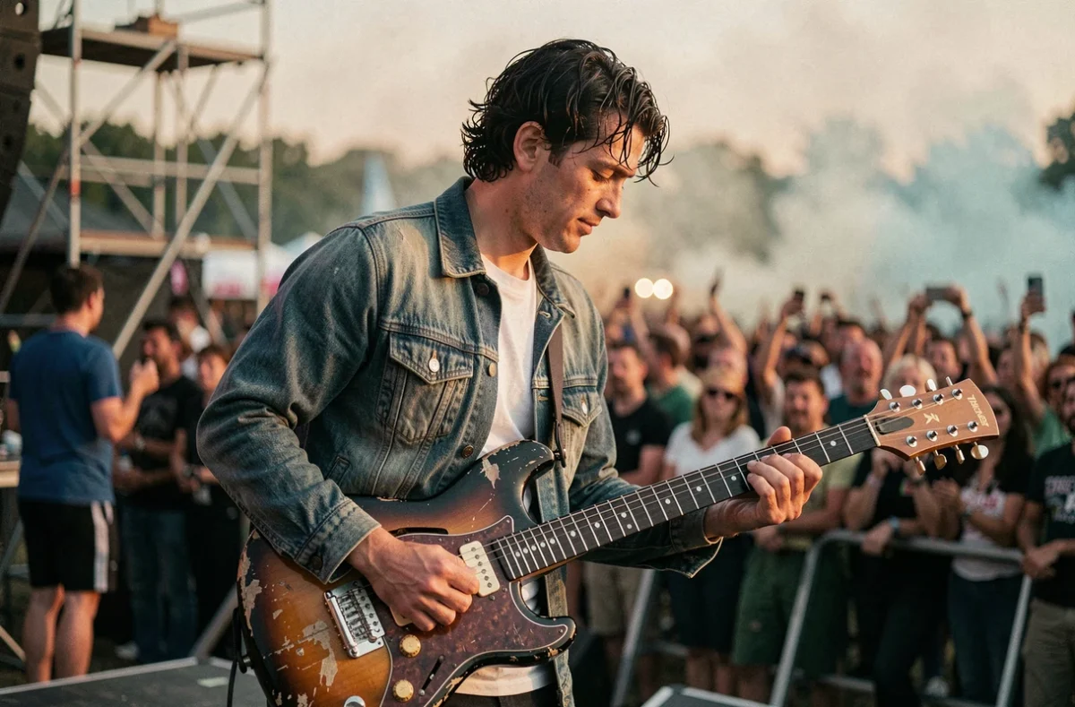 Guitariste masculin jouant de la guitare électrique sur scène lors du festival des Vieilles Charrues en Bretagne