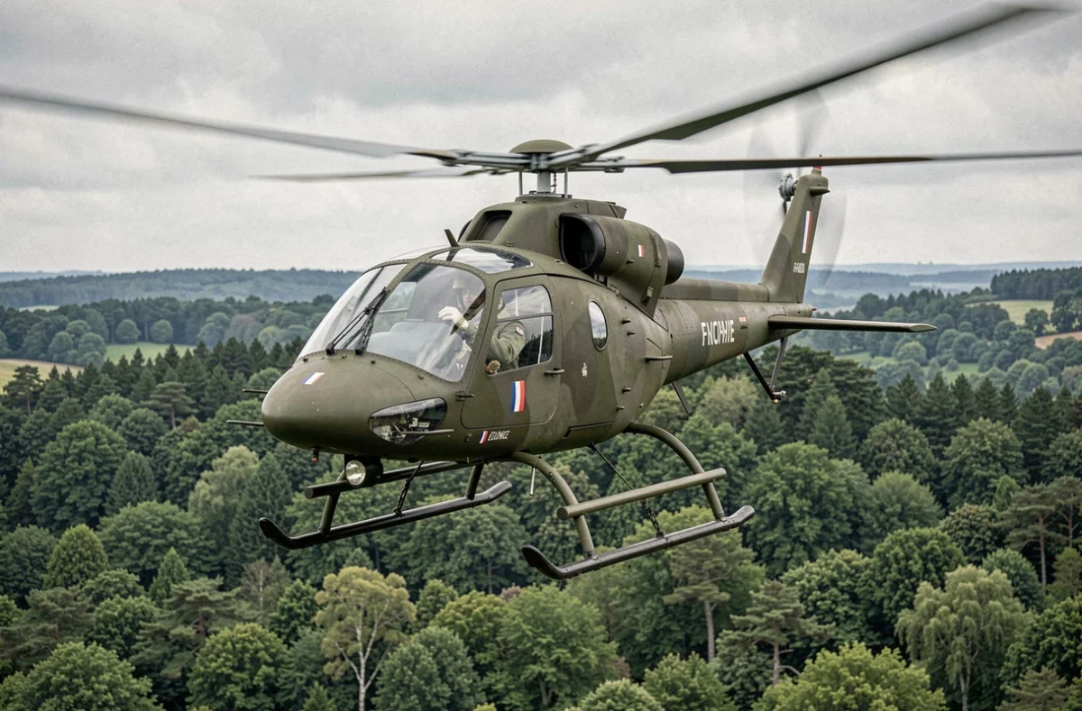 Hélicoptère Gazelle de l'armée française en vol au-dessus d'une forêt, pilote militaire aux commandes