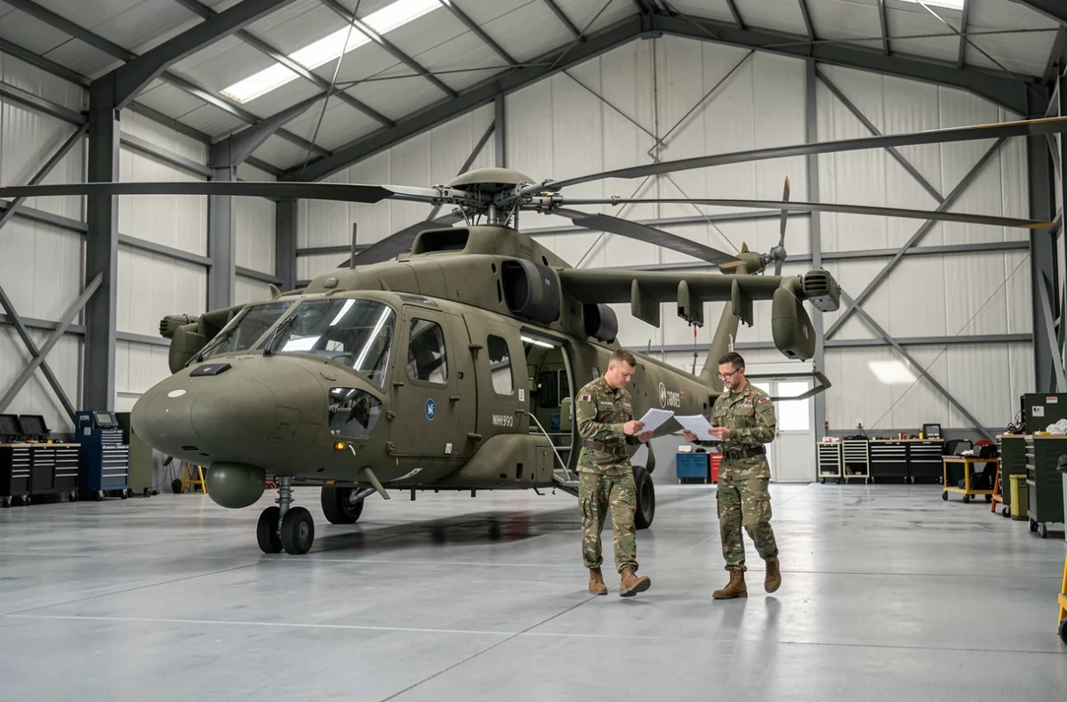 Hélicoptère de transport militaire NH90 Caiman de l'armée de Terre française dans un hangar de maintenance avec soldats
