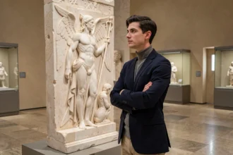 Conservateur de musée contemplant un bas-relief antique représentant Hermès, dieu messager de la mythologie grecque