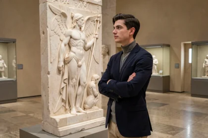 Conservateur de musée contemplant un bas-relief antique représentant Hermès, dieu messager de la mythologie grecque