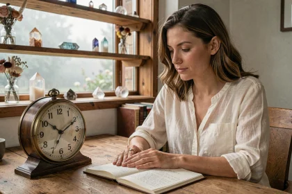 Femme contemplant une horloge affichant 08h08 dans un bureau chaleureux, symbolisant la signification karmique de l'heure miroir