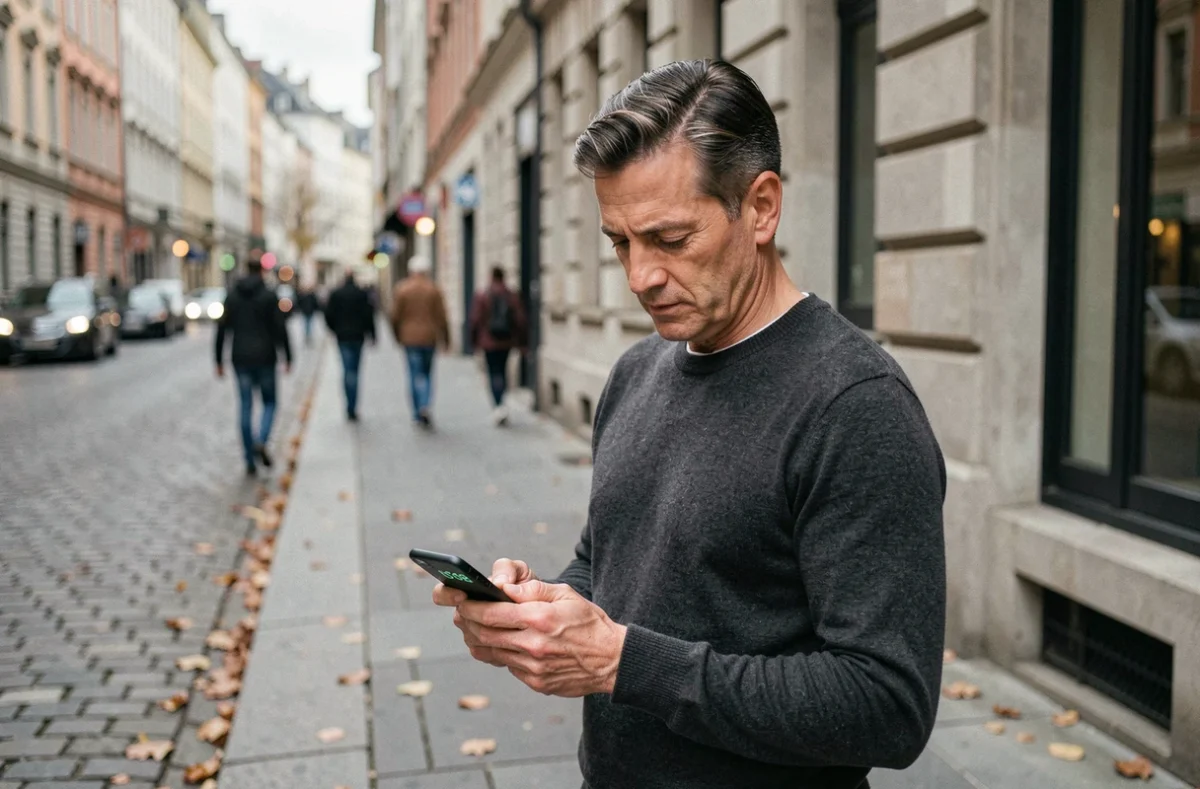 Homme regardant son téléphone affichant 08h08 dans une rue pavée européenne, illustrant la prise de conscience de l'heure miroir karmique