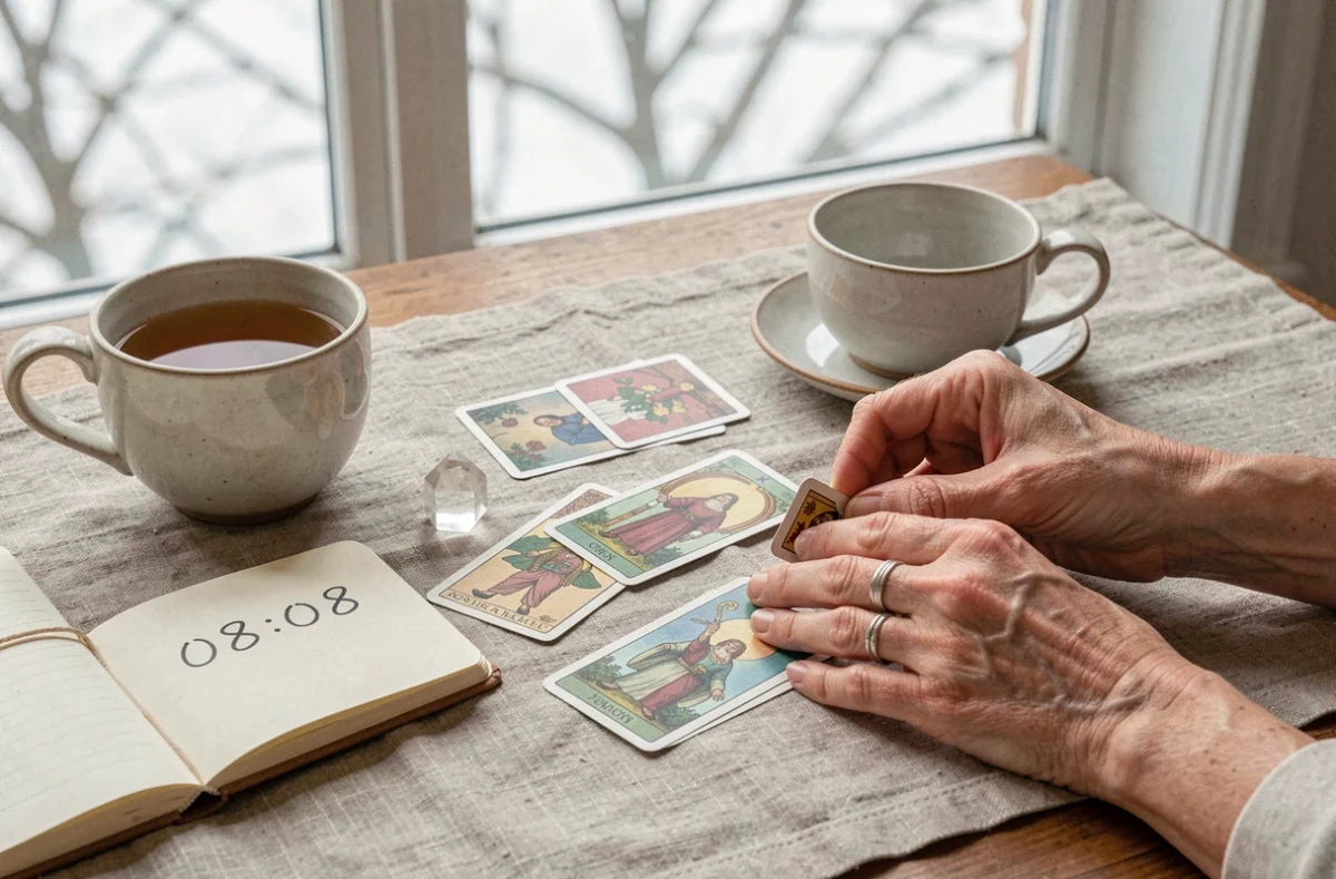 Mains féminines disposant des cartes de tarot et un cristal près d'un carnet inscrit 08h08, symbolisant la réflexion spirituelle et karmique