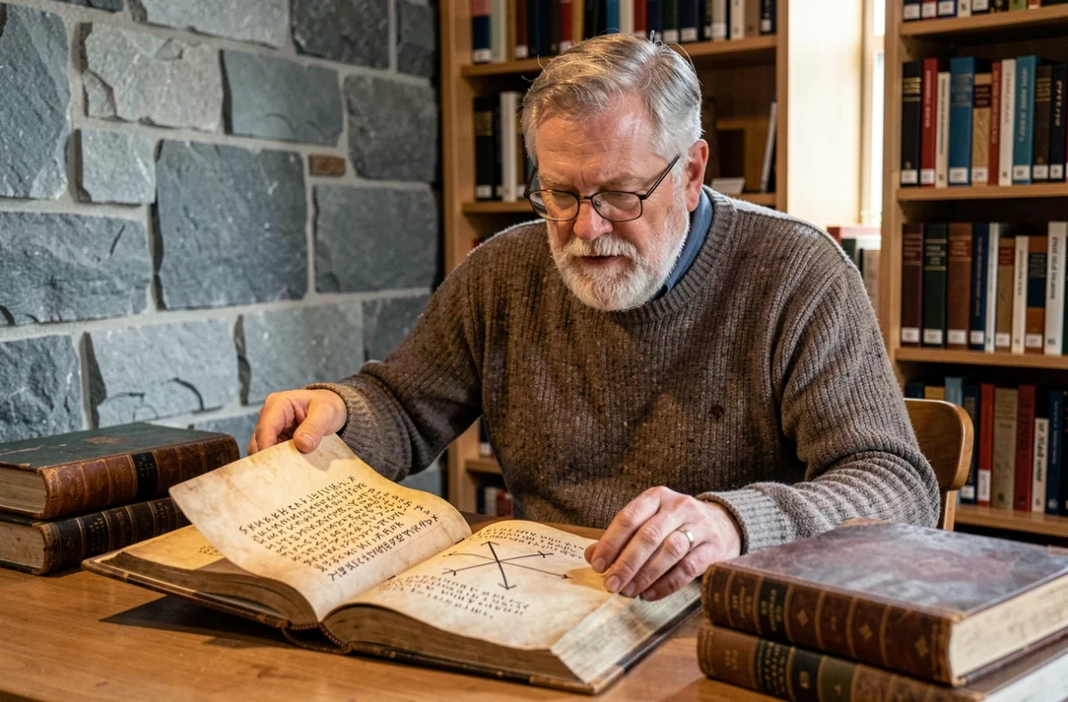 Historien consultant un manuscrit islandais ancien avec des inscriptions runiques vegvísir dans une bibliothèque de Reykjavik