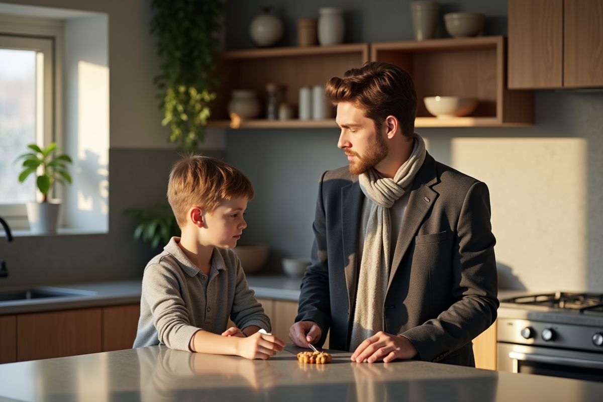 Jeune homme et garçon préparant un snack dans la cuisine