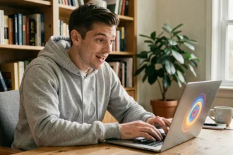 Jeune homme souriant devant un ordinateur portable découvrant l'easter egg Do a Barrel Roll sur Google