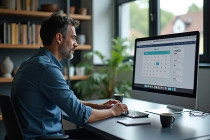 Homme d'âge moyen au bureau regardant un calendrier