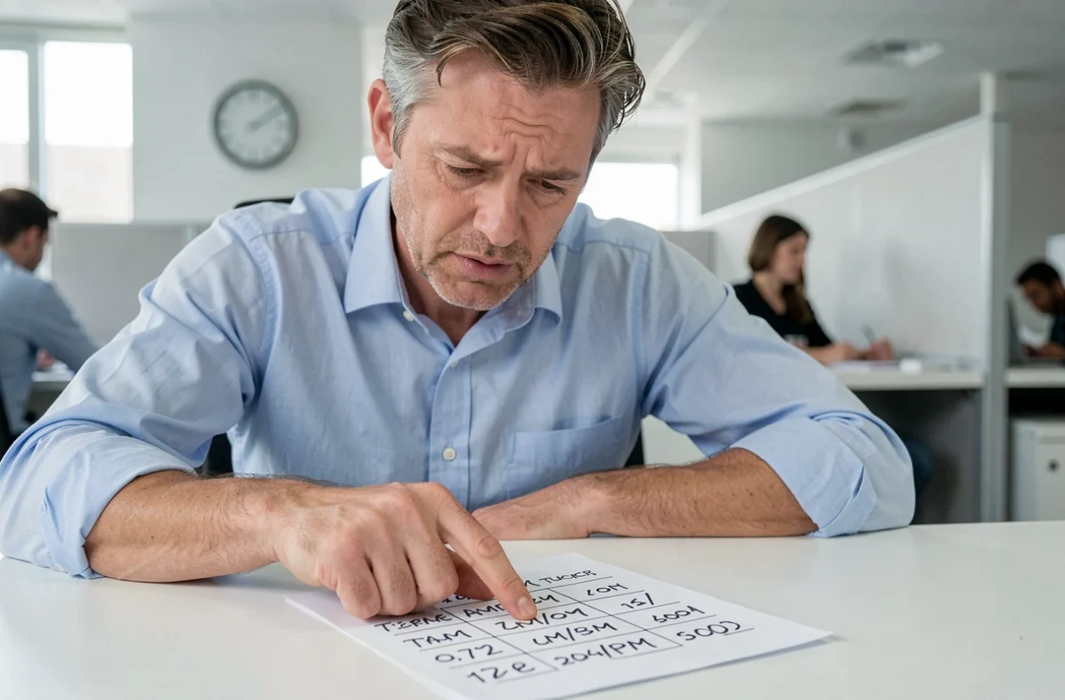 Homme en bureau consultant un planning avec des horaires AM et PM difficiles à interpréter