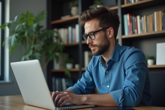 Jeune homme regardant un écran de transaction blockchain