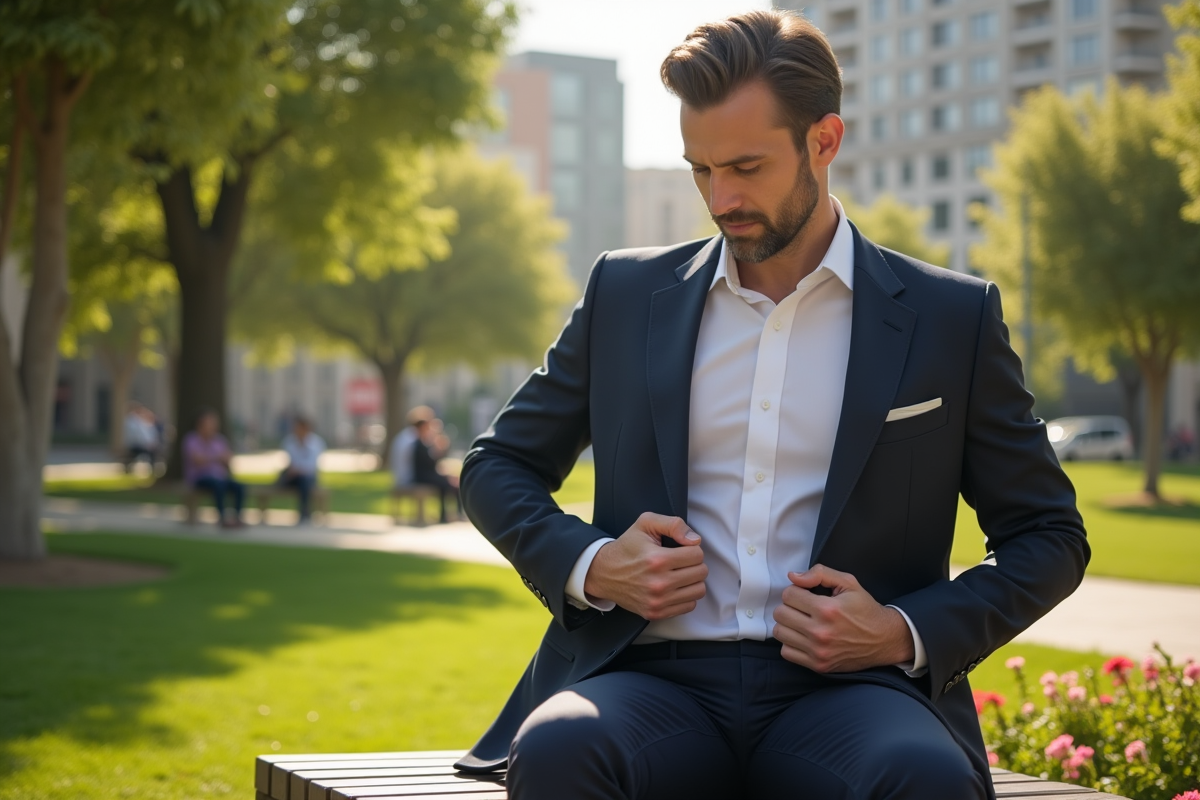 Homme en costume changeant de blazer dans un parc ensoleille