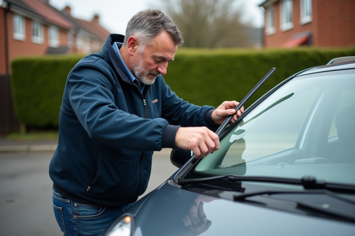 Homme concentré changeant un essuie-glace sur sa voiture