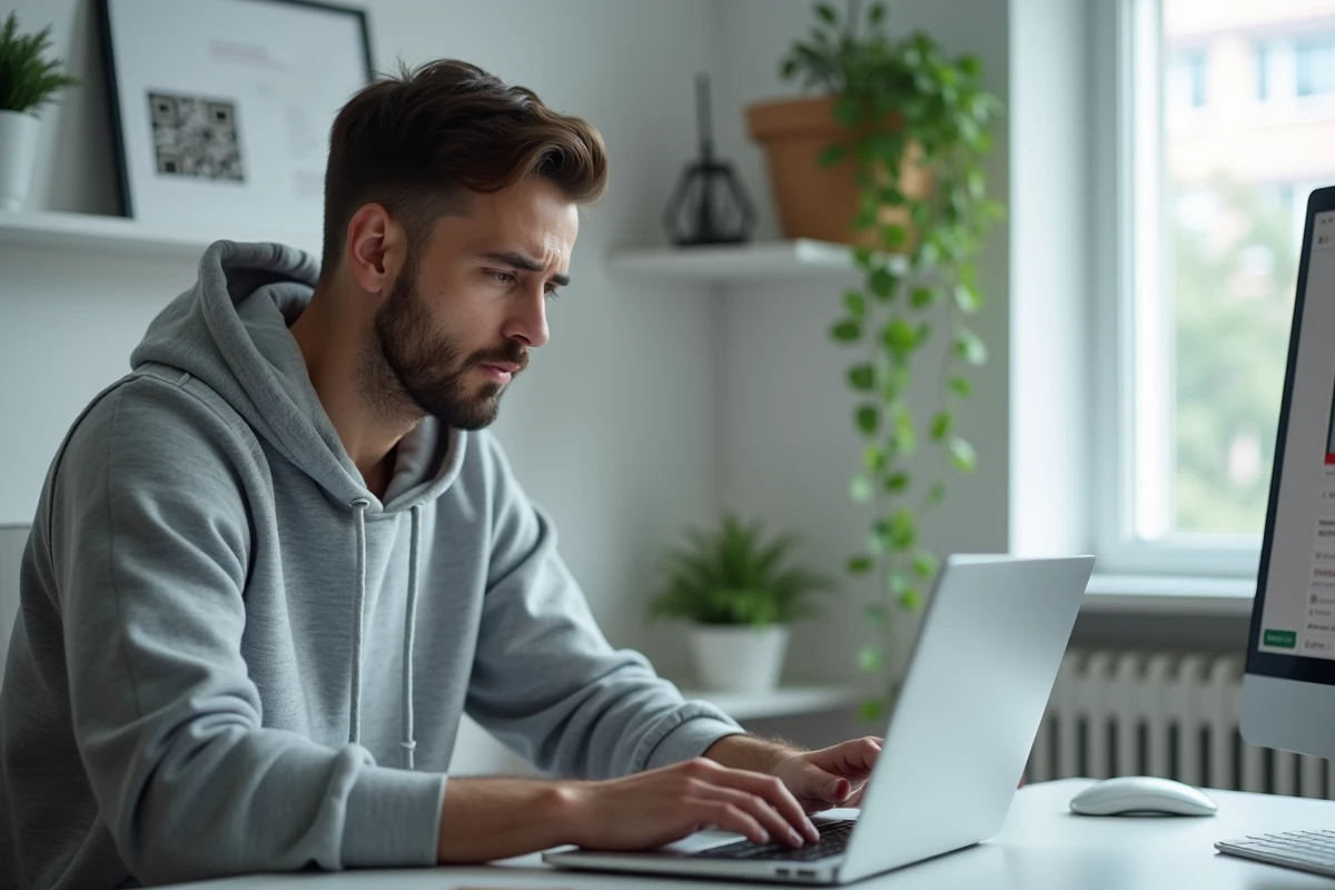 Homme contactant le service client AliExpress via le chat en ligne sur un ordinateur portable pour un remboursement rapide