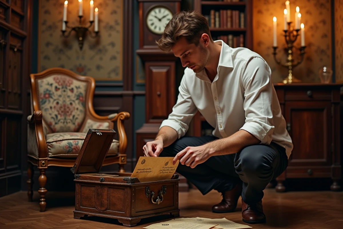 Homme agenouillé devant un coffre à combinaison dans une salle d'escape room thème victorien