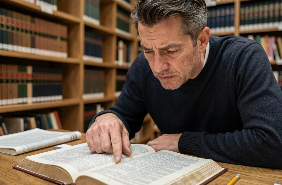 Homme consultant un dictionnaire français ouvert dans une bibliothèque pour vérifier l'orthographe d'un mot