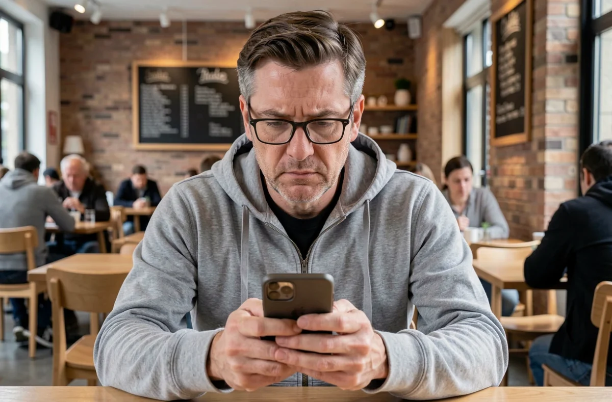 Homme consultant un site internet sur smartphone dans un café urbain avec une expression prudente
