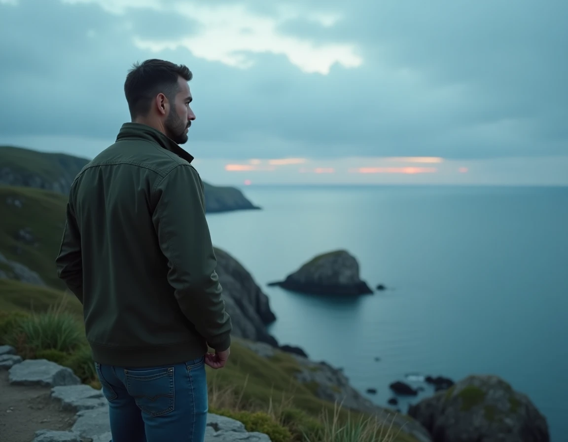 Homme face à l'horizon au bord des falaises symbolisant un tournant spirituel et la mission de vie liée aux flammes jumelles