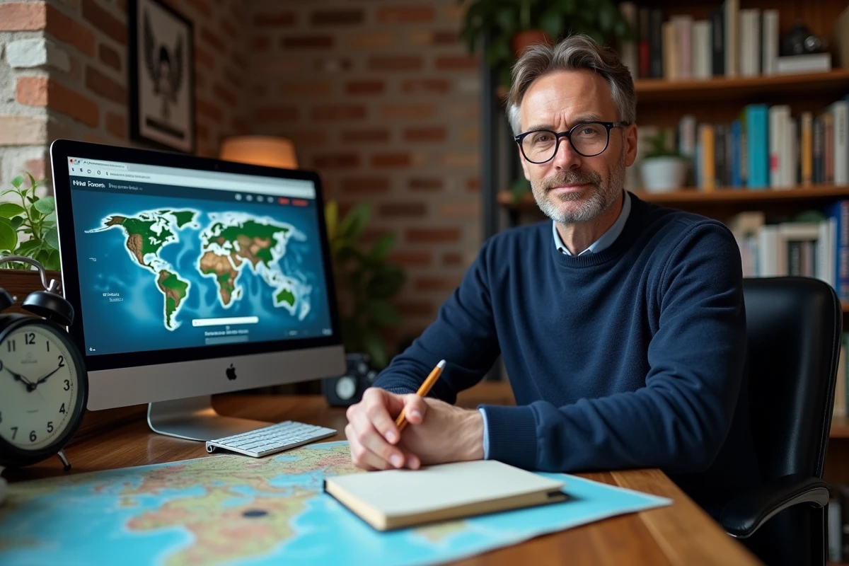 Homme consultant un convertisseur de fuseaux horaires pour Sydney sur ordinateur avec horloge mondiale et carte du monde sur le bureau