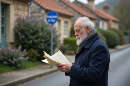 Homme âgé consulte une carte près d'une impasse