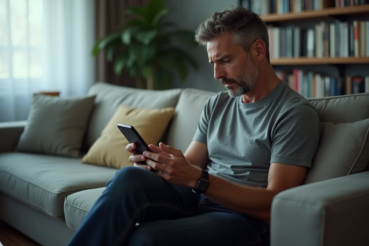 Homme épuisé regardant son téléphone avec de nombreuses notifications d'appels manqués, illustrant le harcèlement téléphonique