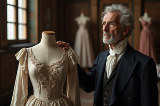 Homme âgé en costume du 19e siècle près d'un mannequin avec robe historique
