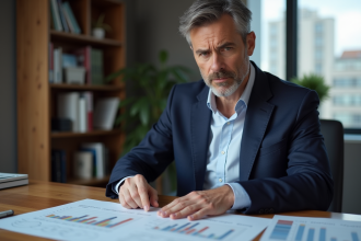 Homme d'âge moyen en blazer bleu étudie des rapports immobiliers