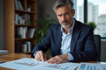 Homme d'âge moyen en blazer bleu étudie des rapports immobiliers