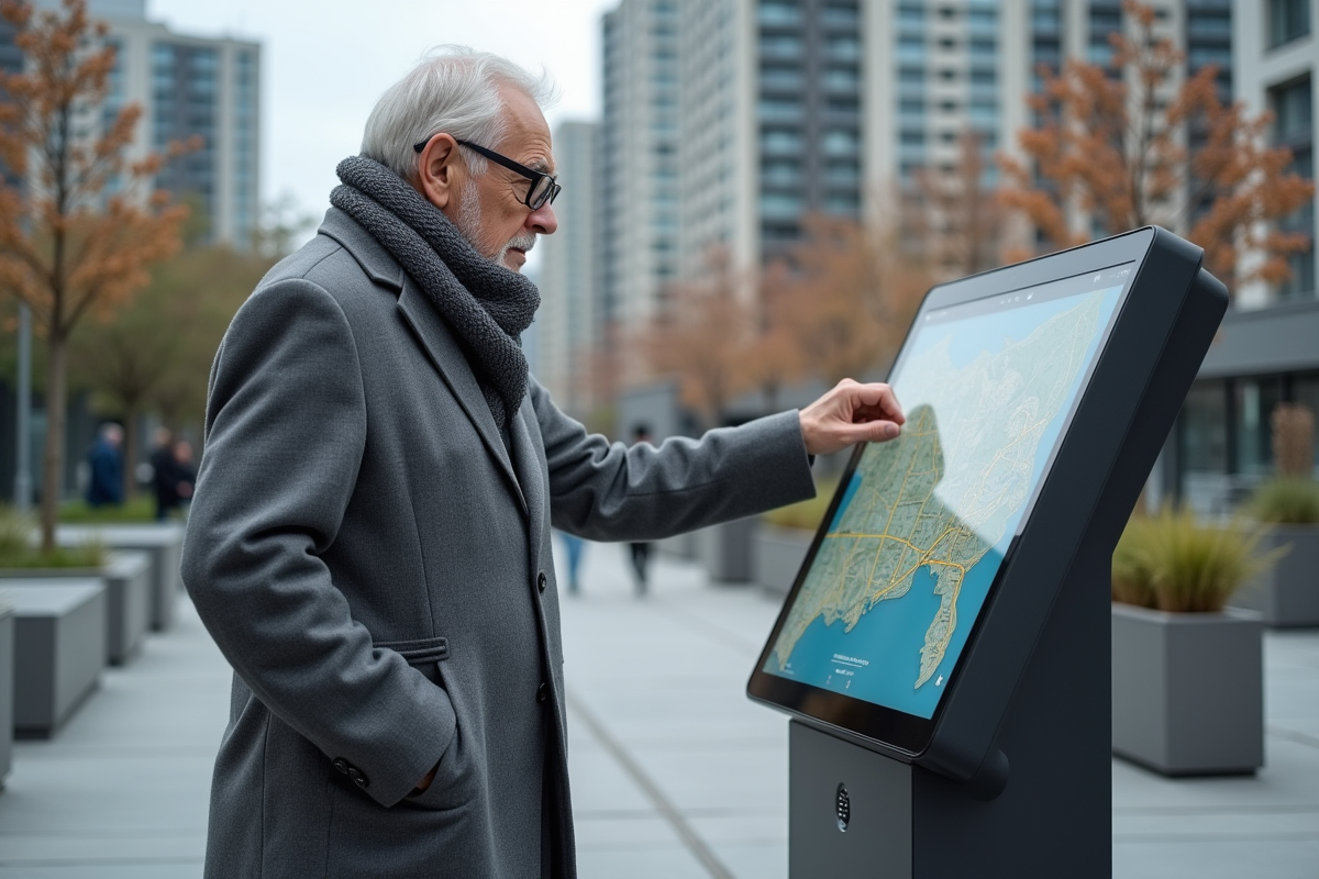 Homme âgé consulte une carte numérique en extérieur