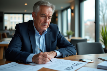 Homme d'âge mûr examinant des documents immobiliers