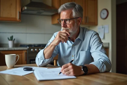 Homme d'âge moyen étudiant des documents juridiques à la maison