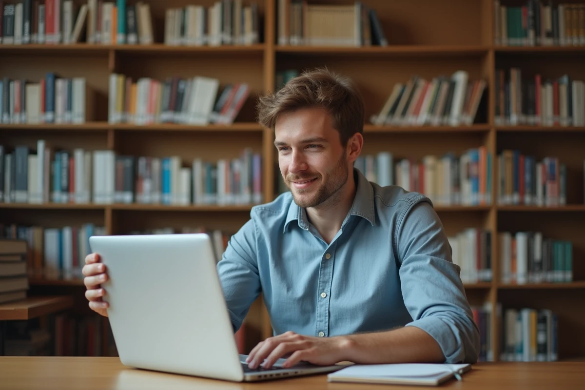 Jeune homme lisant dans une bibliothèque avec forum français