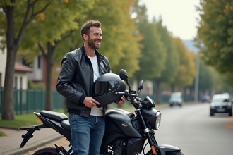 Homme en moto et veste décontractée dans un quartier paisible