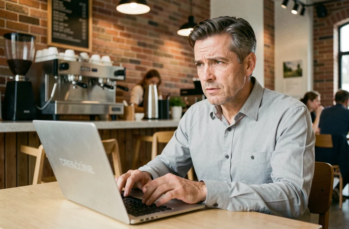 Homme perplexe devant son ordinateur portable dans un café, cherchant la bonne orthographe d'une expression française