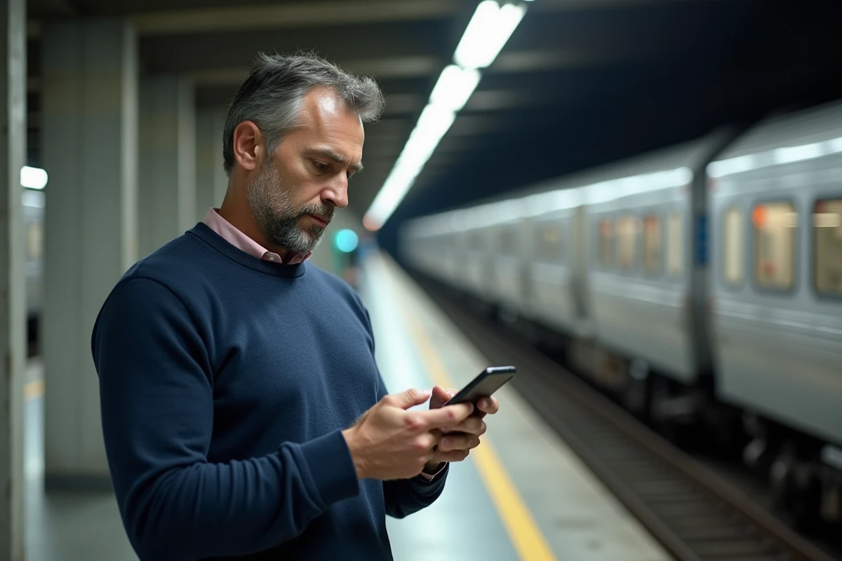 Homme consultant un planning hebdomadaire 2026 sur mobile dans une station de métro