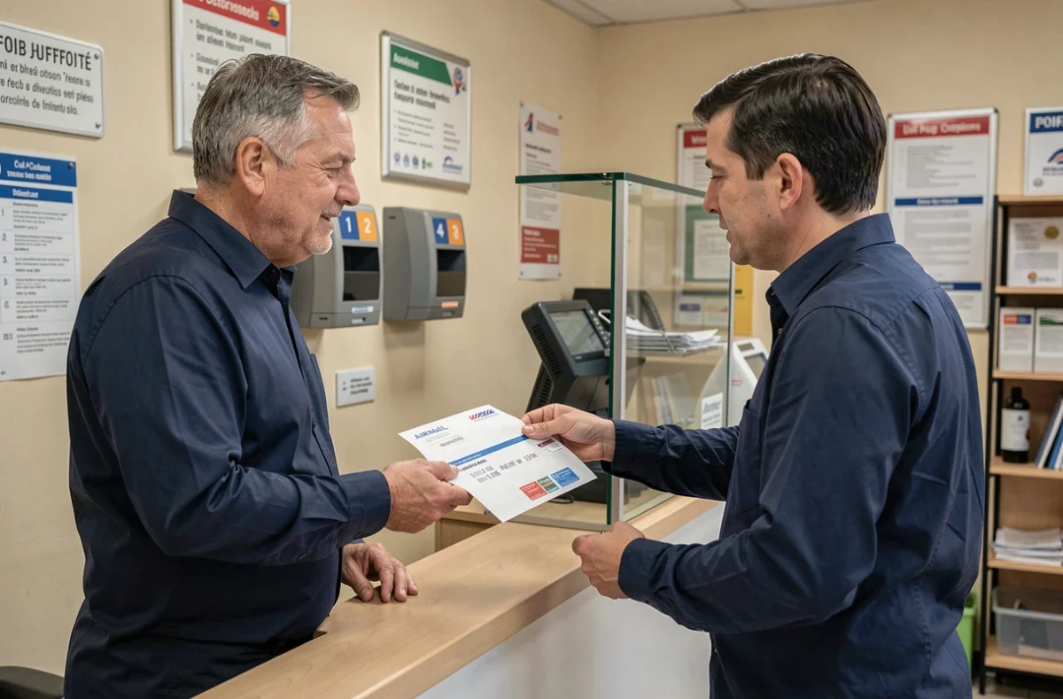 Homme remettant une enveloppe internationale à un guichetier dans un bureau de poste français