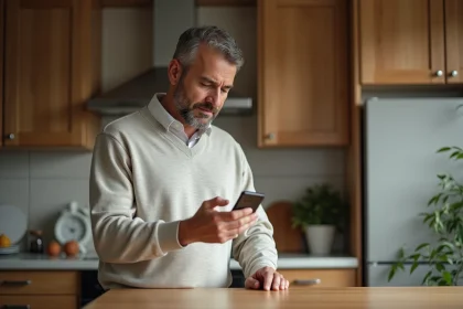 Homme d'âge moyen priant avec smartphone dans une cuisine chaleureuse