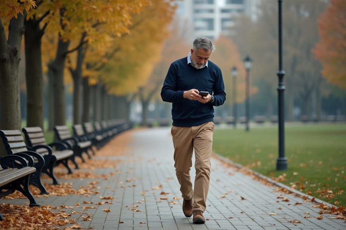 Homme marche dans un parc urbain automnal