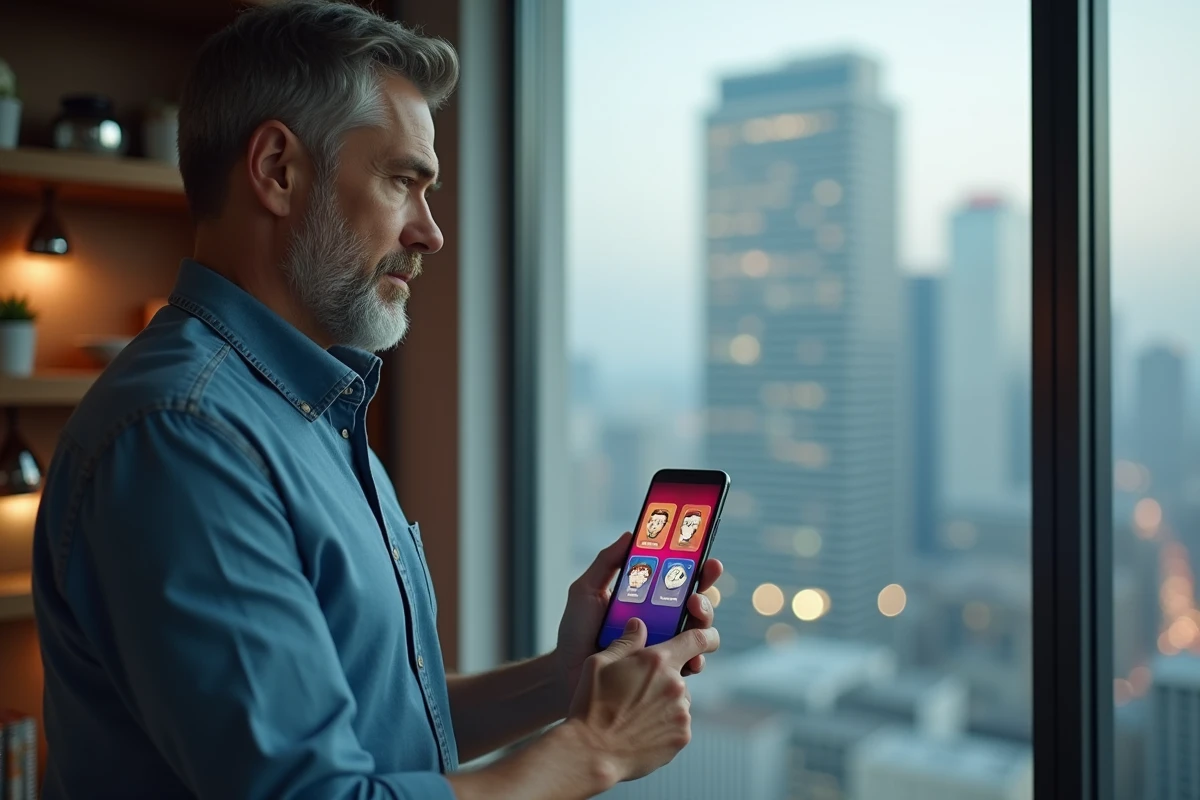 Homme tenant un smartphone affichant un jeu 4 images 1 mot avec un mot de 7 lettres à deviner