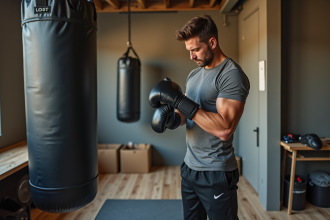 Homme musclé en tenue de sport ajuste ses gants de boxe dans une salle de gym rénovée