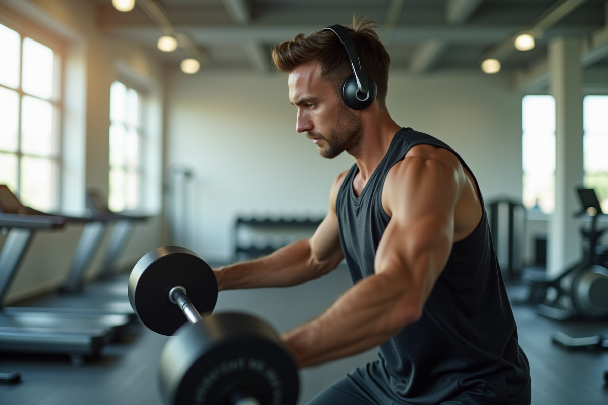 Homme musclé faisant de la musculation dans une salle lumineuse