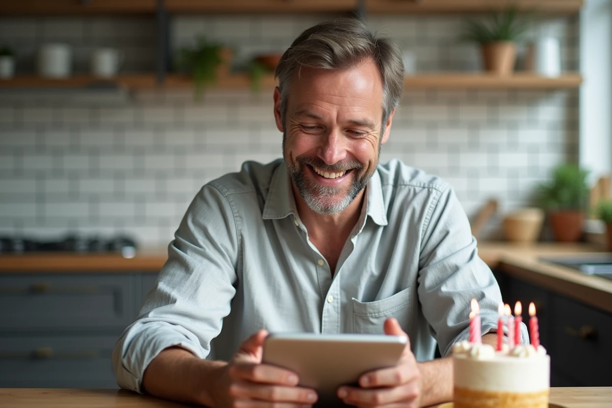 Homme souriant devant une tablette numérique pour choisir un gif anniversaire rigolo avec un gâteau en arrière-plan
