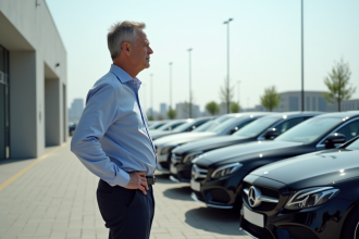 Homme d'affaires examine voitures neuves en concession